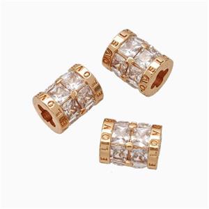 Copper Tube Beads Micropave Zirconia Cross Hole LOVE Rose Gold, approx 6.5-8mm