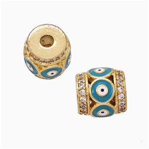 Copper Barrel Beads Pave Zirconia Teal Enamel Evil Eye Large Hole Gold Plated, approx 11mm, 3mm hole