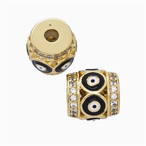 Copper Barrel Beads Pave Zirconia Black Enamel Evil Eye Large Hole Gold Plated, approx 11mm, 3mm hole