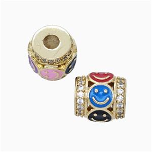 Copper Barrel Beads Pave Zirconia Multicolor Enamel Emoji Large Hole Gold Plated, approx 11mm, 3mm hole