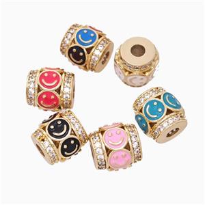 Copper Barrel Beads Pave Zirconia Enamel Emoji Large Hole Gold Plated Mixed, approx 11mm, 3mm hole