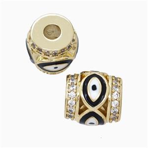 Copper Barrel Beads Pave Zirconia Black Enamel Eye Large Hole Gold Plated, approx 9-10mm, 3mm hole