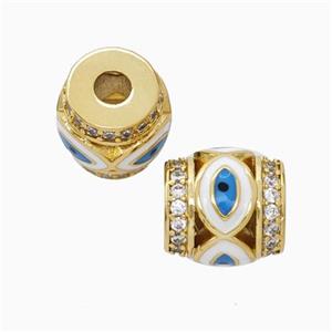 Copper Barrel Beads Pave Zirconia Blue Enamel Eye Large Hole Gold Plated, approx 9-10mm, 3mm hole