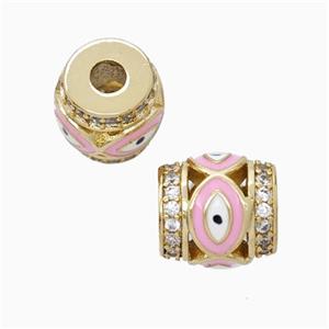 Copper Barrel Beads Pave Zirconia Pink Enamel Eye Large Hole Gold Plated, approx 9-10mm, 3mm hole