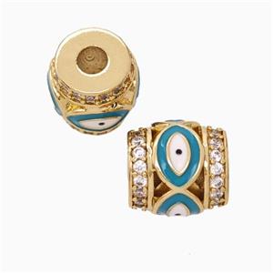 Copper Barrel Beads Pave Zirconia Teal Enamel Eye Large Hole Gold Plated, approx 9-10mm, 3mm hole