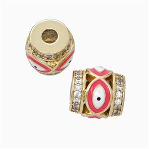 Copper Barrel Beads Pave Zirconia Red Enamel Eye Large Hole Gold Plated, approx 9-10mm, 3mm hole