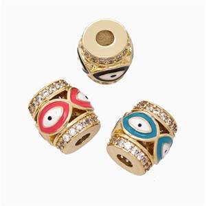 Copper Barrel Beads Pave Zirconia Enamel Eye Large Hole Gold Plated Mixed, approx 9-10mm, 3mm hole