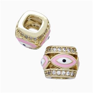 Copper Barrel Beads Pave Zirconia Pink Enamel Eye Large Hole Gold Plated, approx 10-12mm, 5mm hole