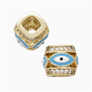 Copper Barrel Beads Pave Zirconia Blue Enamel Eye Large Hole Gold Plated, approx 10-12mm, 5mm hole