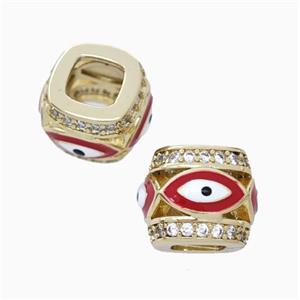 Copper Barrel Beads Pave Zirconia Red Enamel Eye Large Hole Gold Plated, approx 10-12mm, 5mm hole