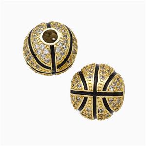 Copper Basketball Beads Pave Zirconia Black Enamel Round Sport Gold Plated, approx 11.5mm, 3mm hole