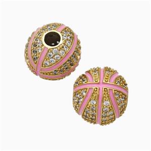 Copper Basketball Beads Pave Zirconia Pink Enamel Round Sport Gold Plated, approx 11.5mm, 3mm hole