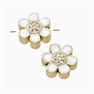 Copper Flower Beads Micropave Zirconia White Enamel Gold Plated, approx 10mm