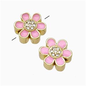 Copper Flower Beads Micropave Zirconia Pink Enamel Gold Plated, approx 10mm