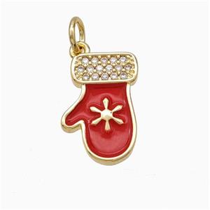 Christmas Mitten Charms Copper Pendant Pave Zirconia Red Enamel Gold Plated, approx 10-15mm