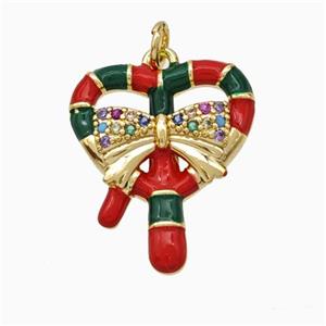 Christmas Candy Cane Copper Pendant Pave Zirconia Red Enamel Ribbon Gold Plated, approx 15-18mm