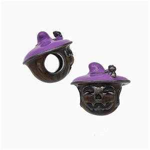 Halloween Witch Charms Copper Beads Purple Enamel Large Hole Black Plated, approx 12mm, 4mm hole