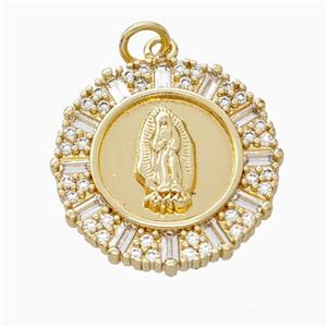 Virgin Mary Charms Copper Pendant Pave Zirconia Circle Gold Plated, approx 20mm