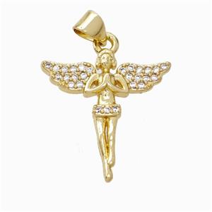 Copper Fairy Pendant Pave Zirconia Angelwings Gold Plated, approx 20-22mm