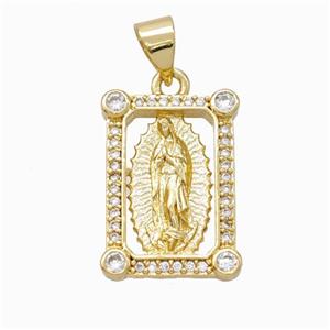 Virgin Mary Charms Copper Rectangle Pendant Pave Zirconia Gold Plated, approx 13-18mm