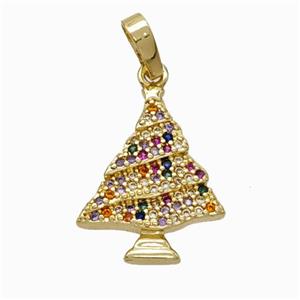 Christmas Tree Charms Copper Pendant Micropave Zirconia Gold Plated, approx 15-18mm