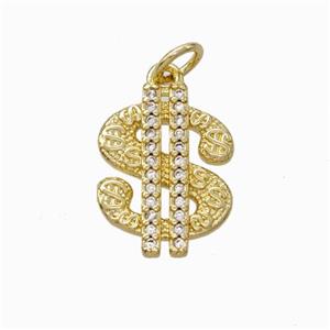 US Dollar Sign Charms Copper Pendant Pave Zirconia Gold Plated, approx 12-15mm