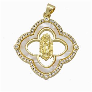 Jesus Charms Copper Pendant Pave Shell Zirconia Clover Gold Plated, approx 28mm