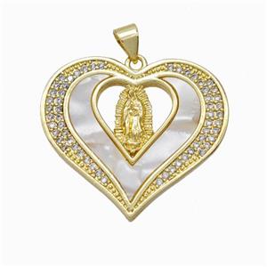 Jesus Charms Copper Pendant Pave Shell Zirconia Heart Gold Plated, approx 25-30mm