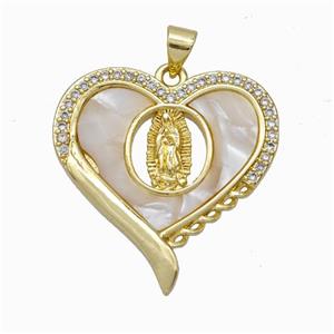 Jesus Charms Copper Pendant Pave Shell Zirconia Heart Gold Plated, approx 27mm