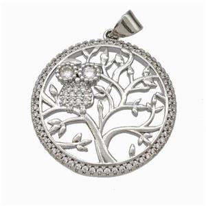 Copper Tree Pendant Micropave Zirconia Owl Platinum Plated, approx 25mm