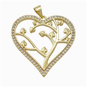 Copper Tree Pendant Micropave Zirconia Heart Gold Plated, approx 30mm