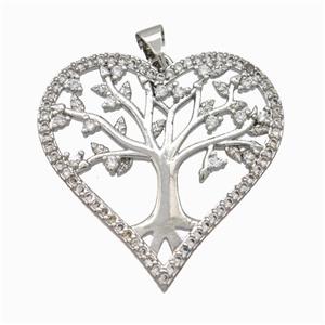 Copper Tree Pendant Micropave Zirconia Heart Platinum Plated, approx 30mm