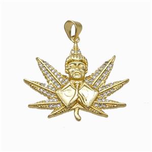 Copper Buddha Pendant Micropave Zirconia Maple Leaf Gold Plated, approx 25-30mm