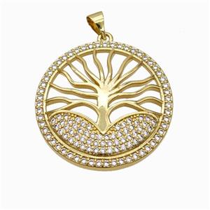 Copper Tree Pendant Micropave Zirconia Gold Plated, approx 30mm