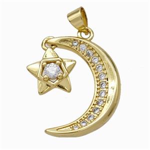 Copper Moon Pendant Pave Zirconia Star Gold Plated, approx 11mm 17-22mm