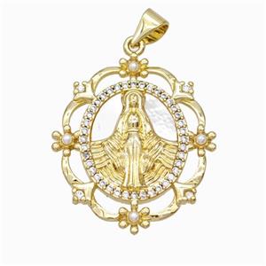 Virgin Mary Charms Copper Pendant Pave Zirconia Shell Resin 18K Gold Plated, approx 22-27mm