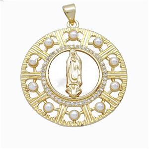 Jesus Charms Copper Pendant Pave Zirconia Shell Resin 18K Gold Plated, approx 31mm