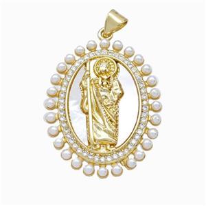 Saint Jude Charms Copper Pendant Pave Zirconia Shell Resin 18K Gold Plated, approx 24-30mm