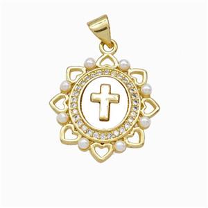 Copper Cross Pendant Pave Zirconia Shell Resin 18K Gold Plated, approx 20-21mm