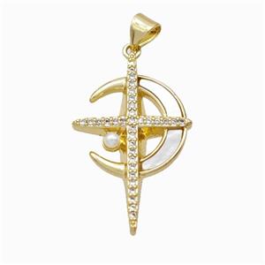 Copper Cross Pendant Pave Zirconia Shell Resin Moon 18K Gold Plated, approx 18-30mm