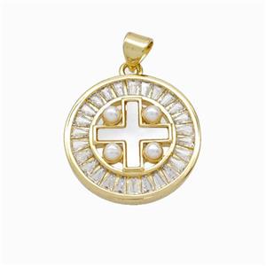 Copper Cross Pendant Pave Zirconia Shell Resin 18K Gold Plated, approx 21mm