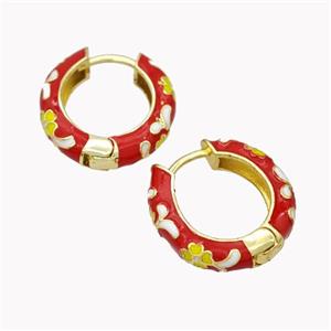 Copper Hoop Earrings Red Enamel Flower Gold Plated, approx 20mm