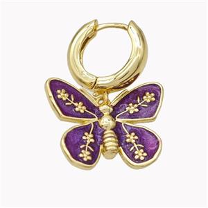 Copper Hoop Earrings With Butterfly Purple Enamel Gold Plated, approx 18-22mm, 15mm dia