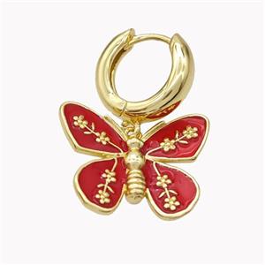 Copper Hoop Earrings With Butterfly Red Enamel Gold Plated, approx 18-22mm, 15mm dia