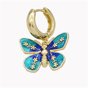 Copper Hoop Earrings With Butterfly Teal Enamel Gold Plated, approx 18-22mm, 15mm dia