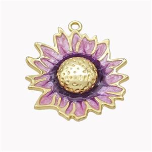 Copper Sunflower Pendant Purple Enamel Gold Plated, approx 25-27mm