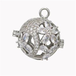 Copper Ball Flower Locket Pendant Pave Zirconia Platinum Plated, approx 21mm