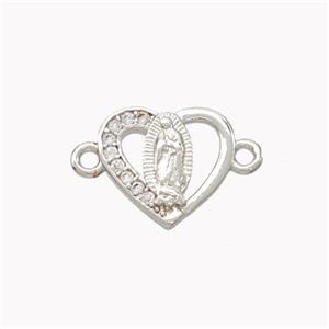 Virgin Mary Charms Copper Heart Connector Pave Zirconia Platinum Plated, approx 12mm