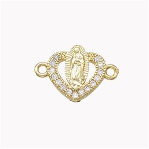 Virgin Mary Charms Copper Heart Connector Pave Zirconia Gold Plated, approx 12.5mm