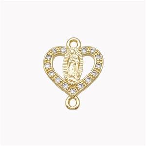 Virgin Mary Charms Copper Heart Connector Pave Zirconia Gold Plated, approx 12mm